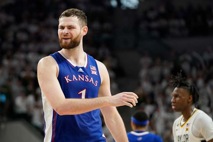 Kansas Jayhawks center Hunter Dickinson (1) reacts to a foul call during the second half against the Baylor Bears at Paul and Alejandra Foster Pavilion in Waco, Texas, on March 2, 2024.